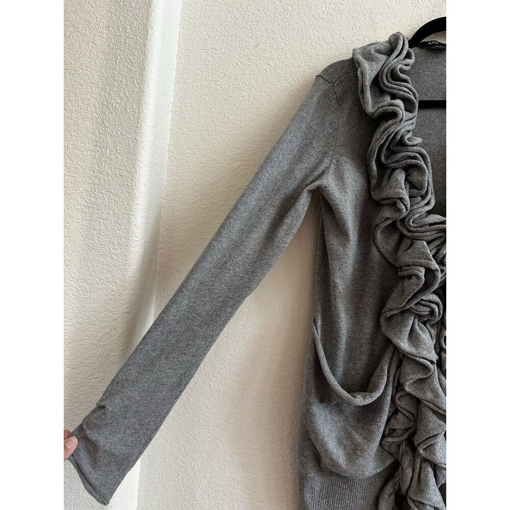 Etcetera Gray Cotton Cashmere Ruffled 2 Pockets Cardigan Sweater Size M - Picture 2 of 14